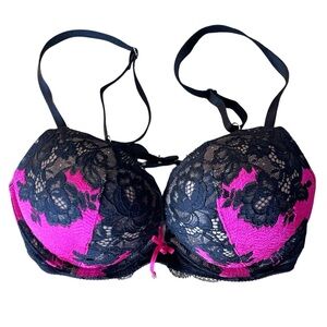 Victorias Secret Bombshell Plunge Bra 36A Pink Black Lace Push Up Adds 2 Cups VS
